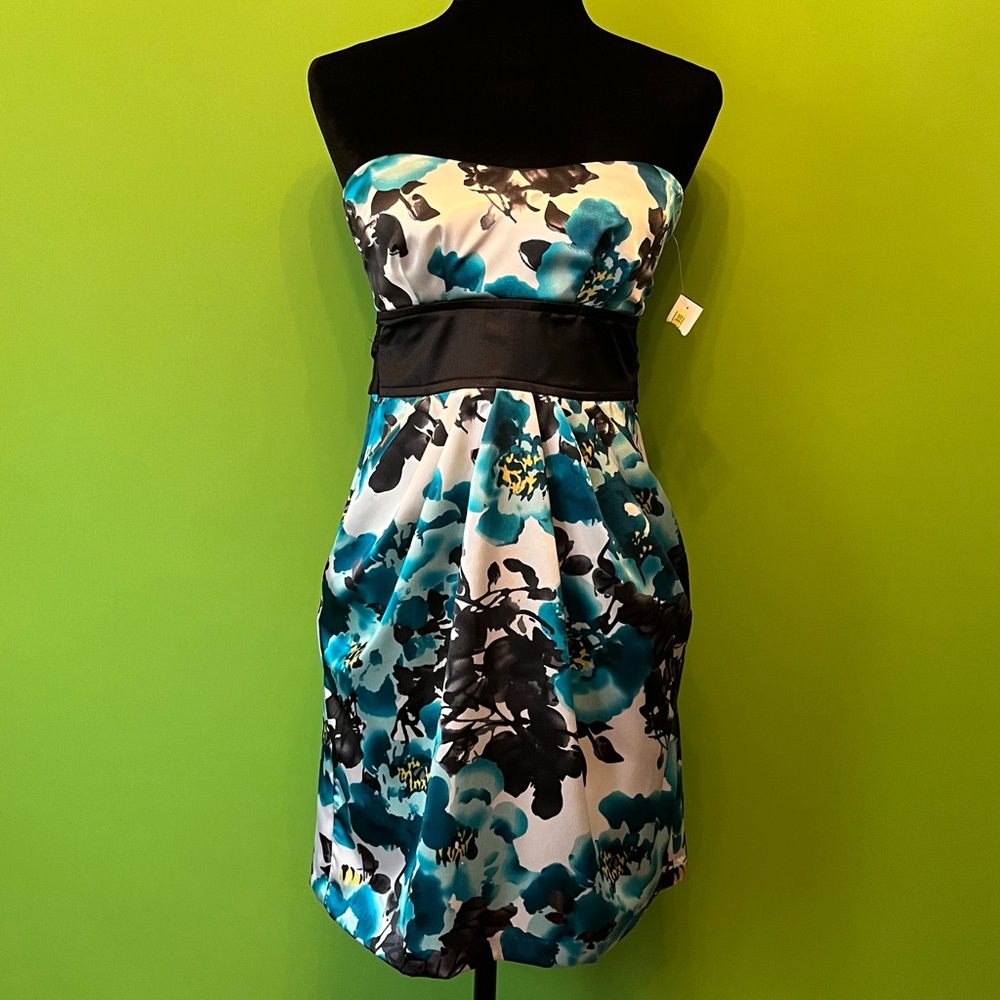 Teal & Black floral Strapless Formal Dress, Size 5, Has POCKETS ! NWT